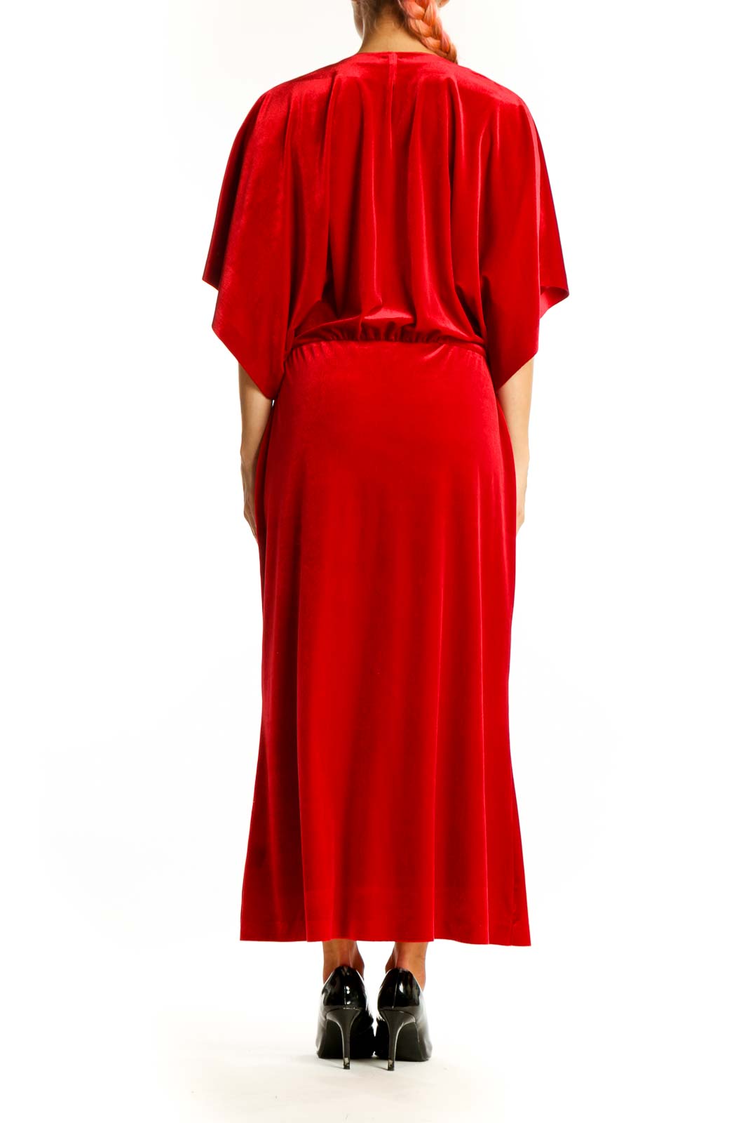 Side view of red velvet maxi dress showing batwing sleeves by NORMA KAMALI