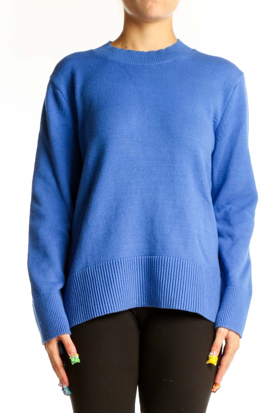 Front view of Banana Republic blue crewneck sweater on model