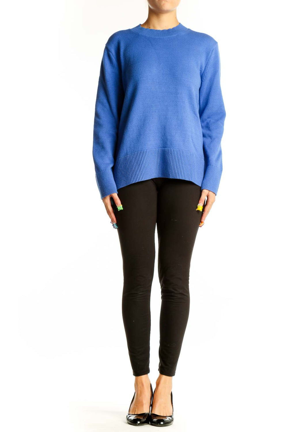 Front view of Banana Republic blue crewneck sweater on model
