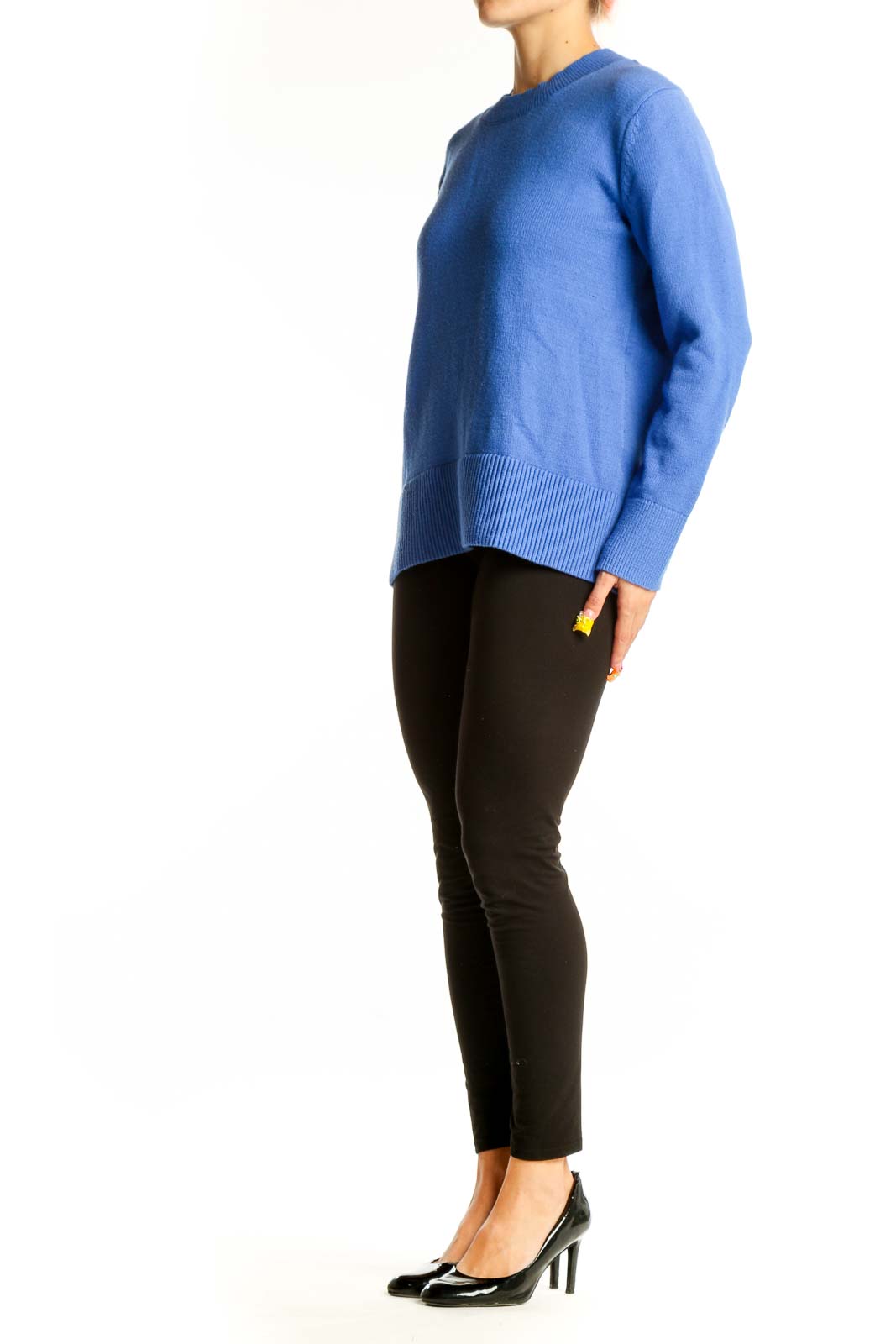 Front view of Banana Republic blue crewneck sweater on model