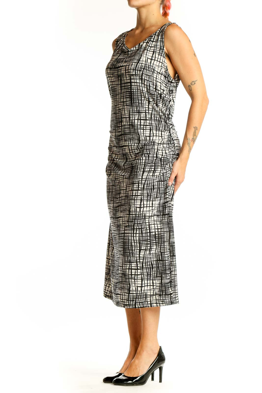 Front view of NORMA KAMALI Black and White Abstract Print Midi Dress