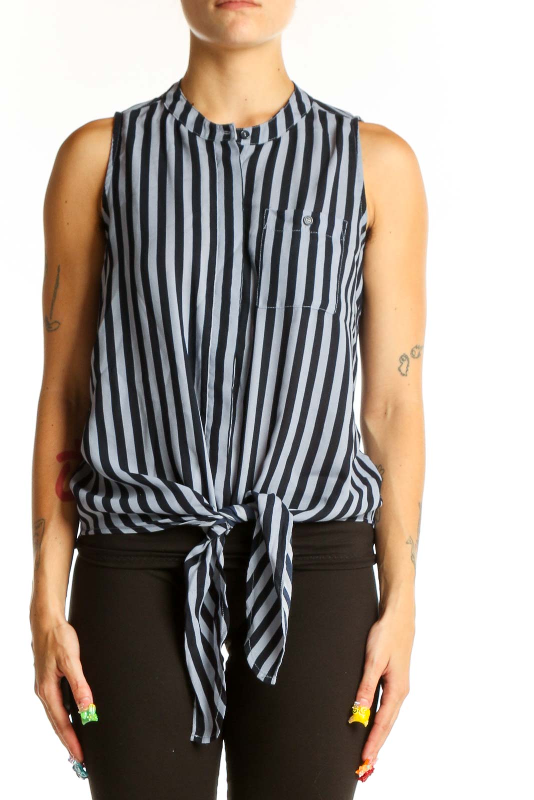 Front view of Blue and Black Striped Sleeveless Tie-Front Top from The Limited
