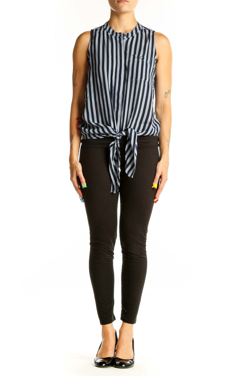 Front view of Blue and Black Striped Sleeveless Tie-Front Top from The Limited