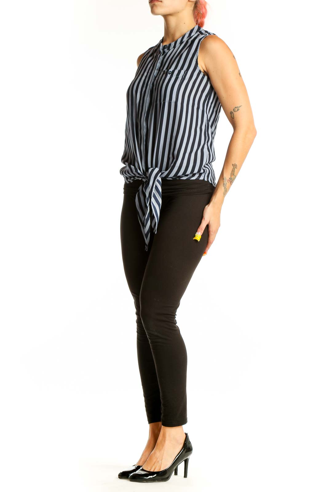 Front view of Blue and Black Striped Sleeveless Tie-Front Top from The Limited