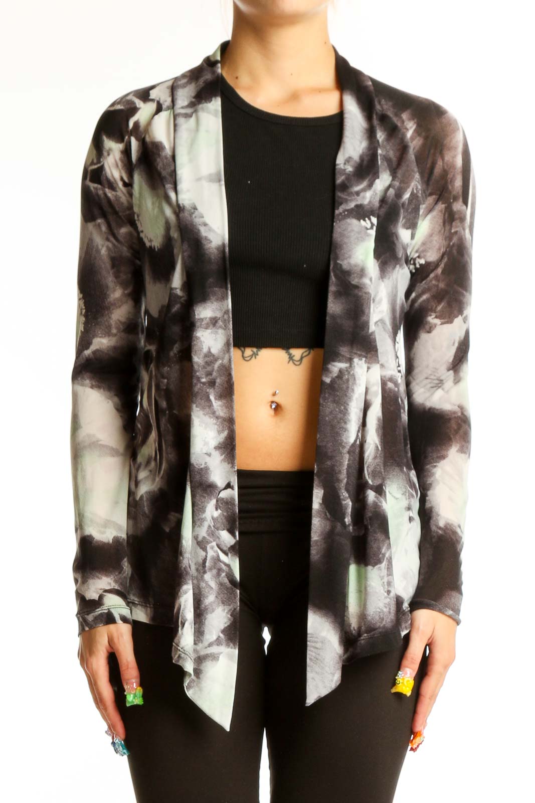 Front view of Vivienne Tam gray and white abstract print nylon top