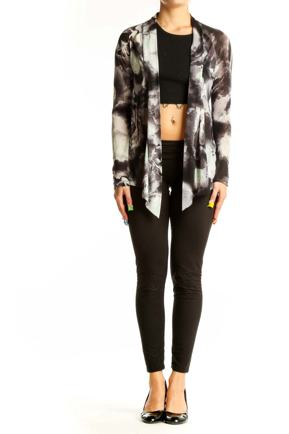 Front view of Vivienne Tam gray and white abstract print nylon top
