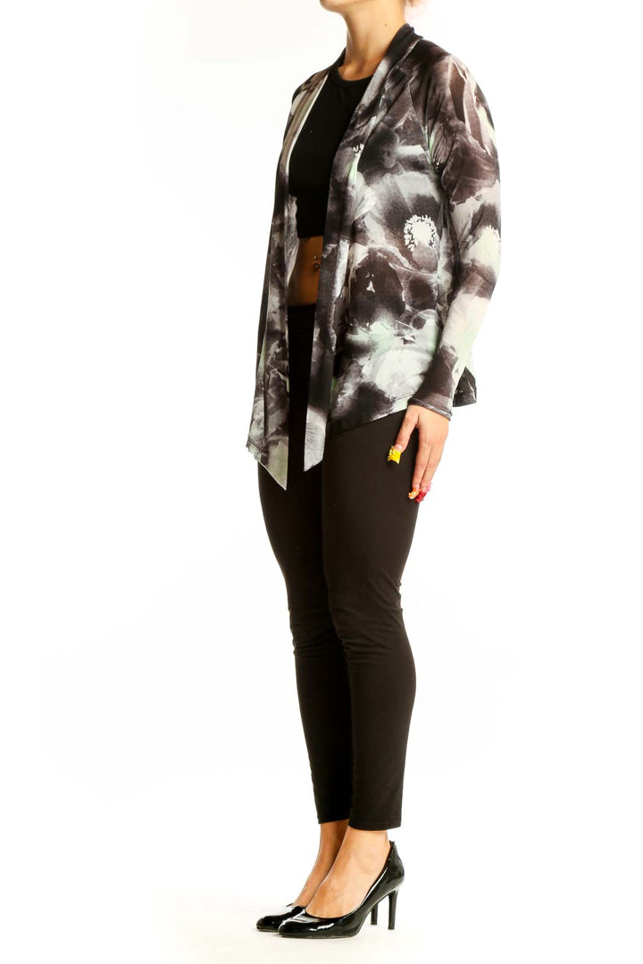 Front view of Vivienne Tam gray and white abstract print nylon top