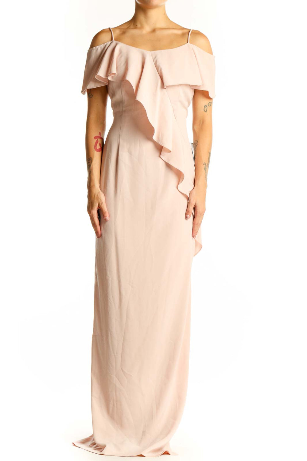Front view of blush Adrianna Papell off-shoulder maxi dress with ruffle detail
