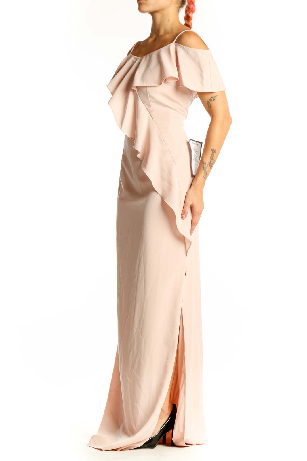 Front view of blush Adrianna Papell off-shoulder maxi dress with ruffle detail