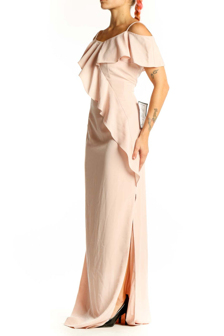 Front view of blush Adrianna Papell off-shoulder maxi dress with ruffle detail