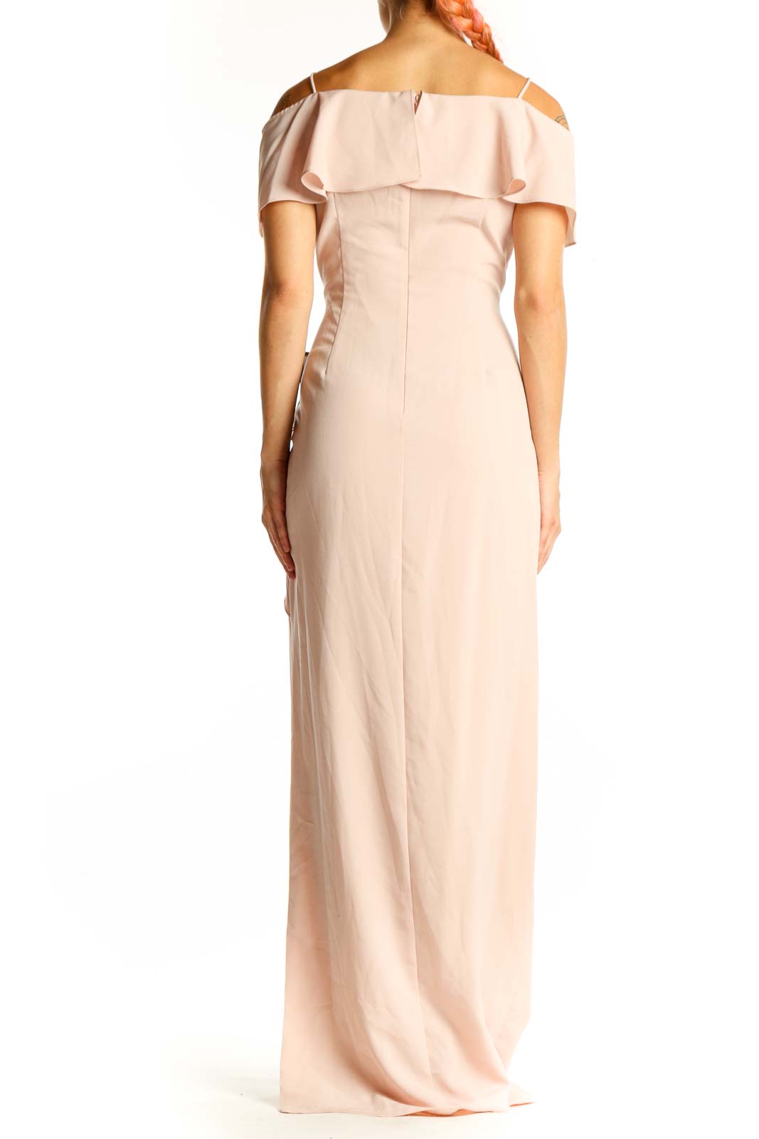Side view of blush Adrianna Papell off-shoulder maxi dress showing ruffle and side slit