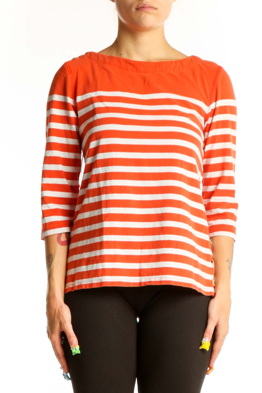 Front view of orange and white striped Maeve top with boat neckline