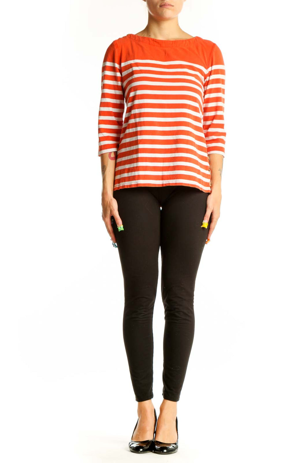 Front view of orange and white striped Maeve top with boat neckline