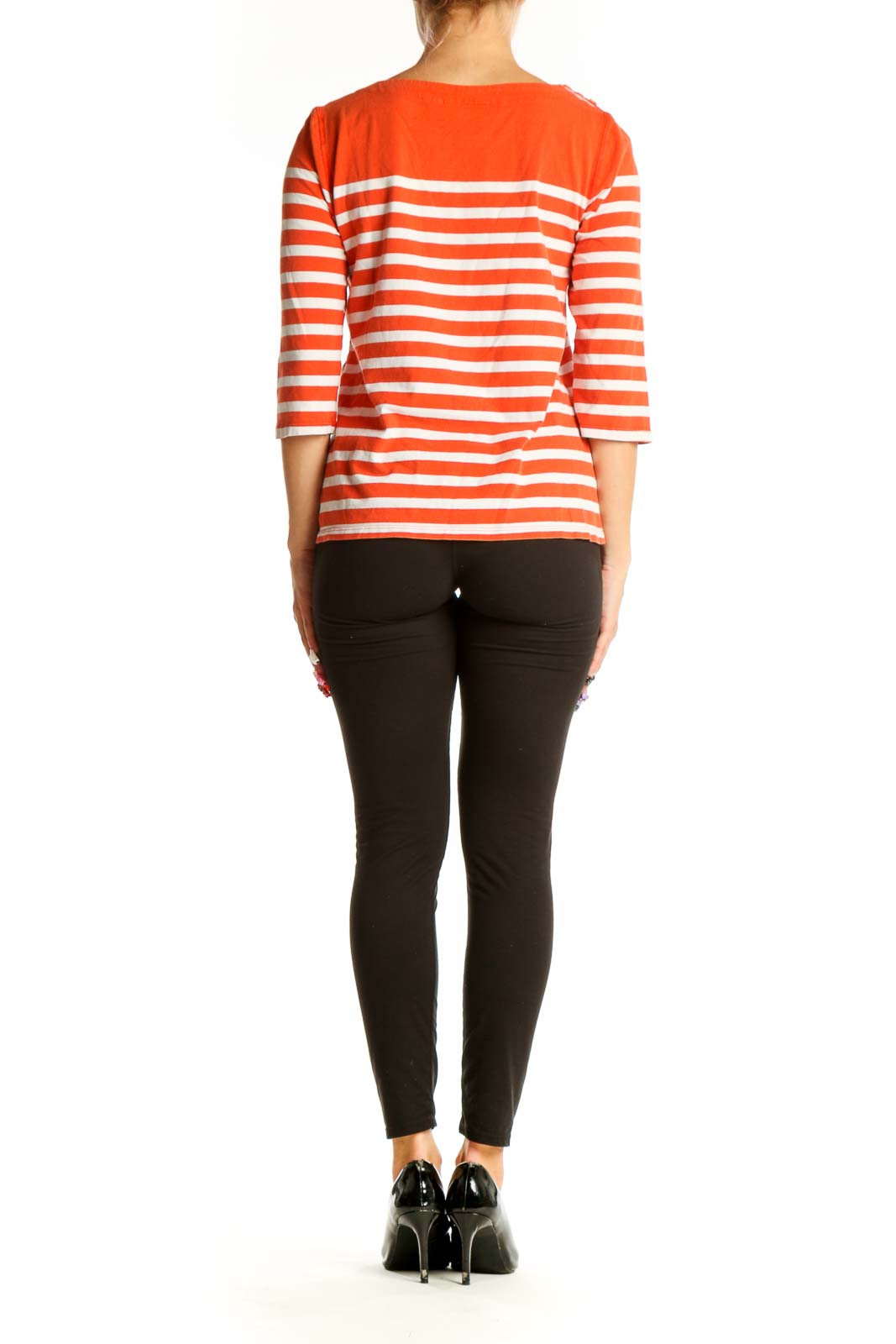 Back view of orange and white striped Maeve top showing full length