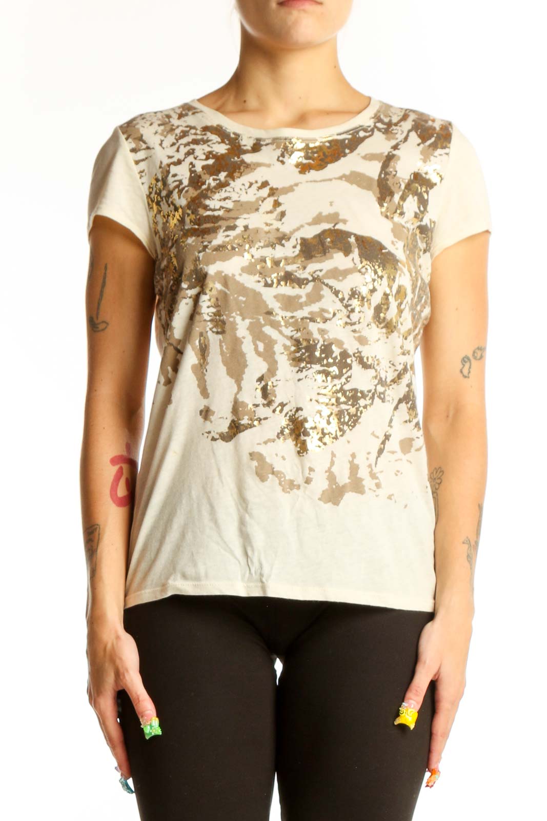Front view of Tahari beige cotton top with abstract brown and gold print
