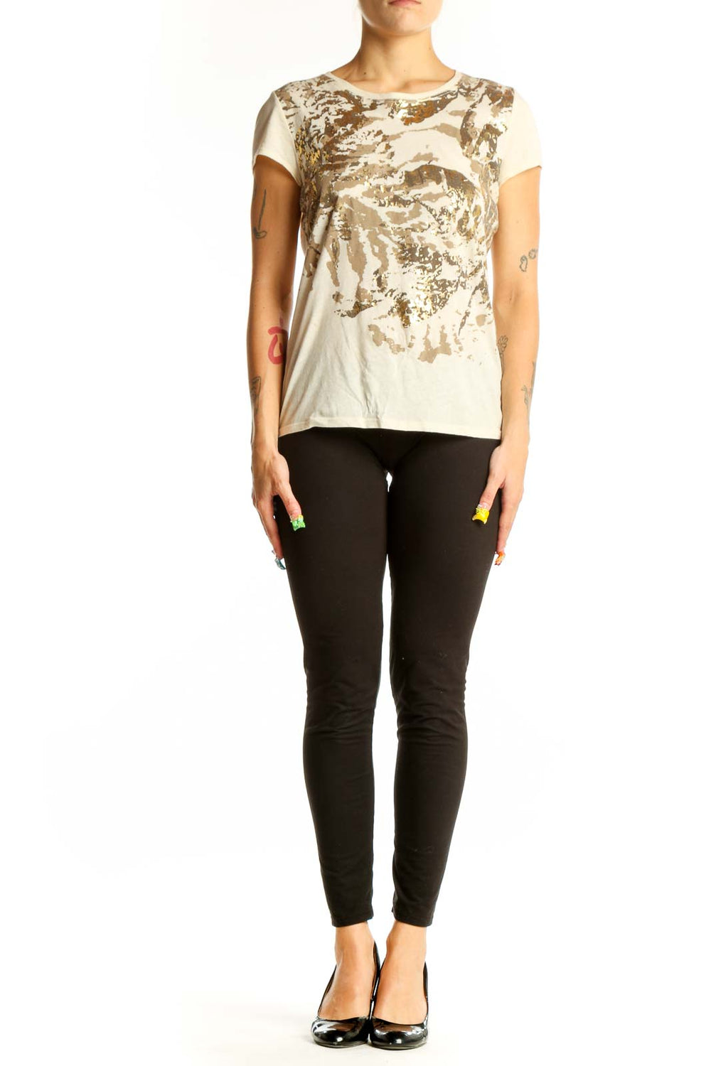 Front view of Tahari beige cotton top with abstract brown and gold print