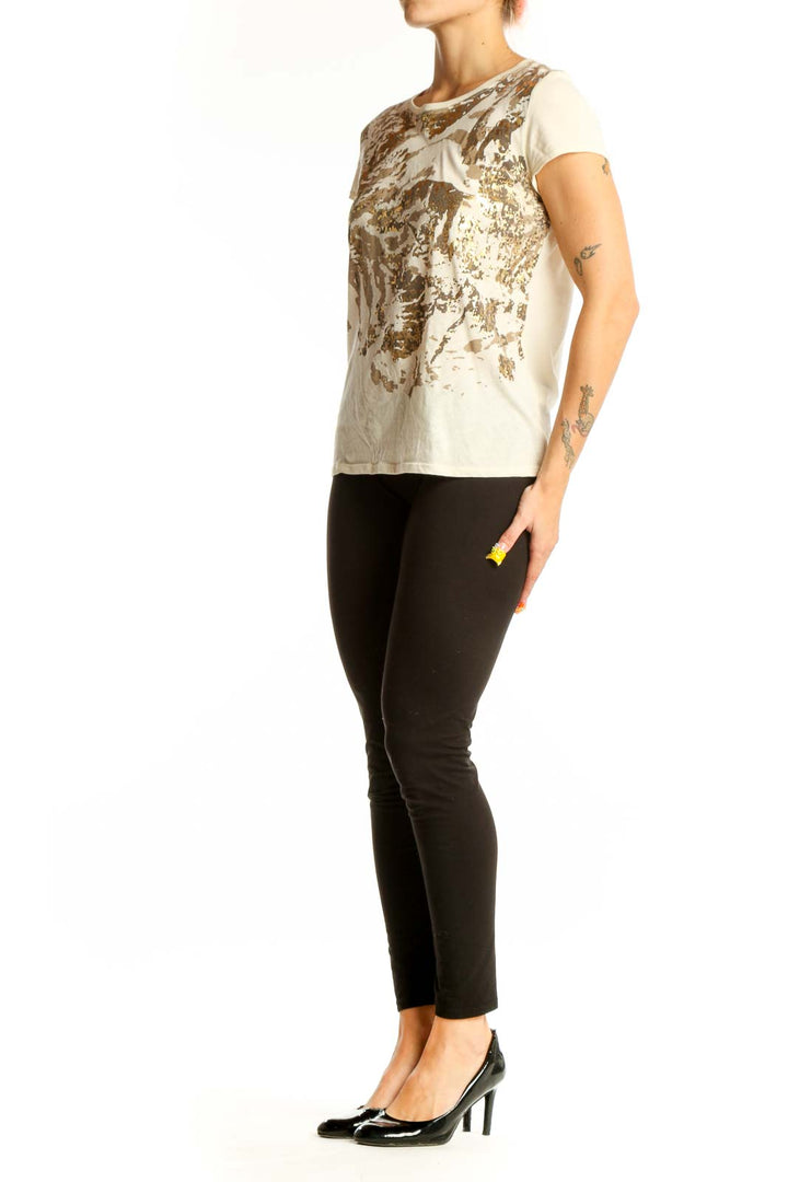 Front view of Tahari beige cotton top with abstract brown and gold print