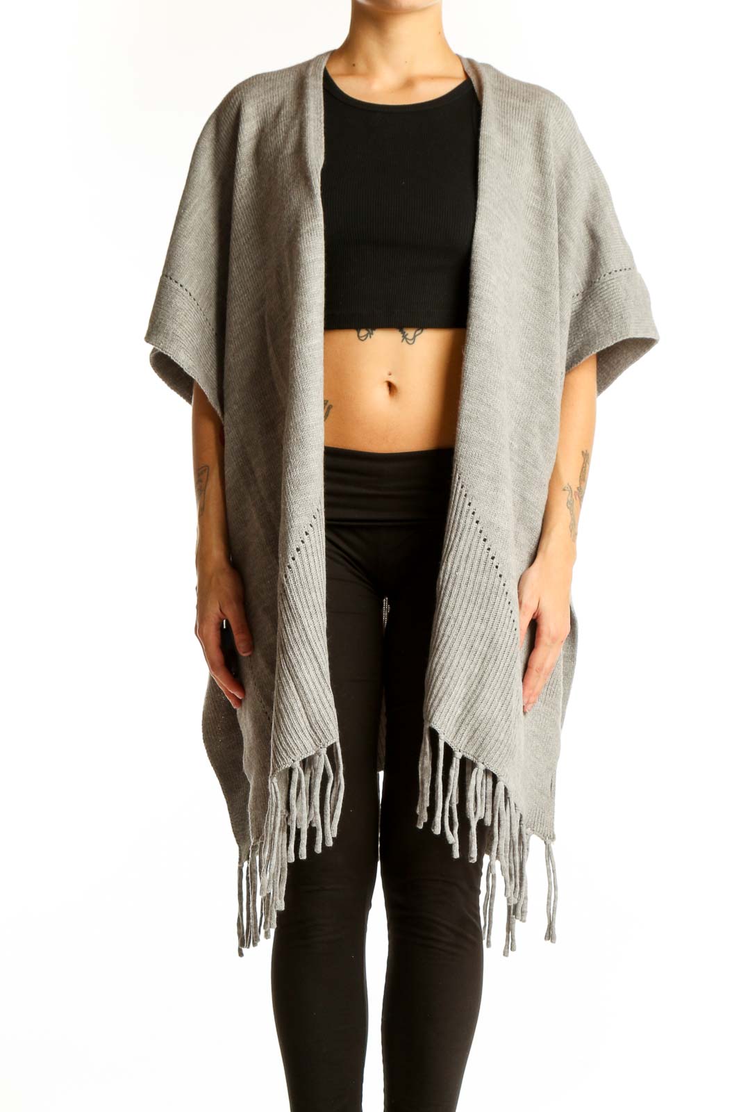 Front view of gray fringed acrylic knit poncho from Ann Taylor