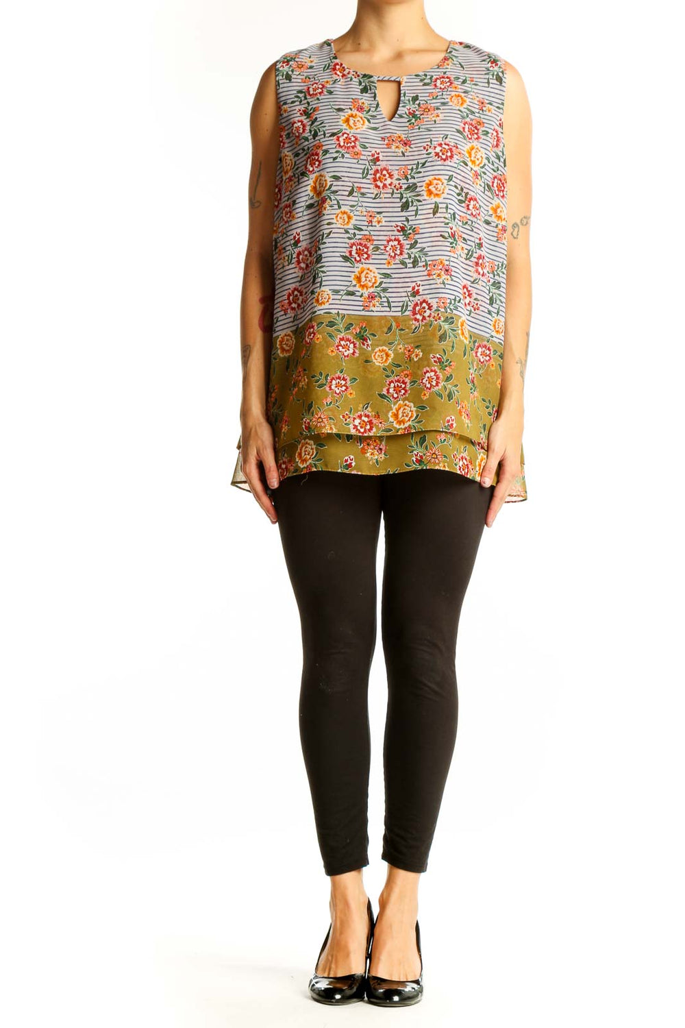 Front view of multicolor floral and striped sleeveless blouse by Cabi