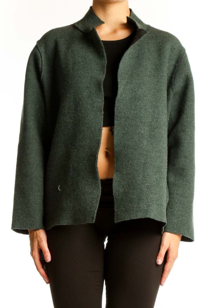 Front view of Forest Green Eileen Fisher knit jacket with open front design