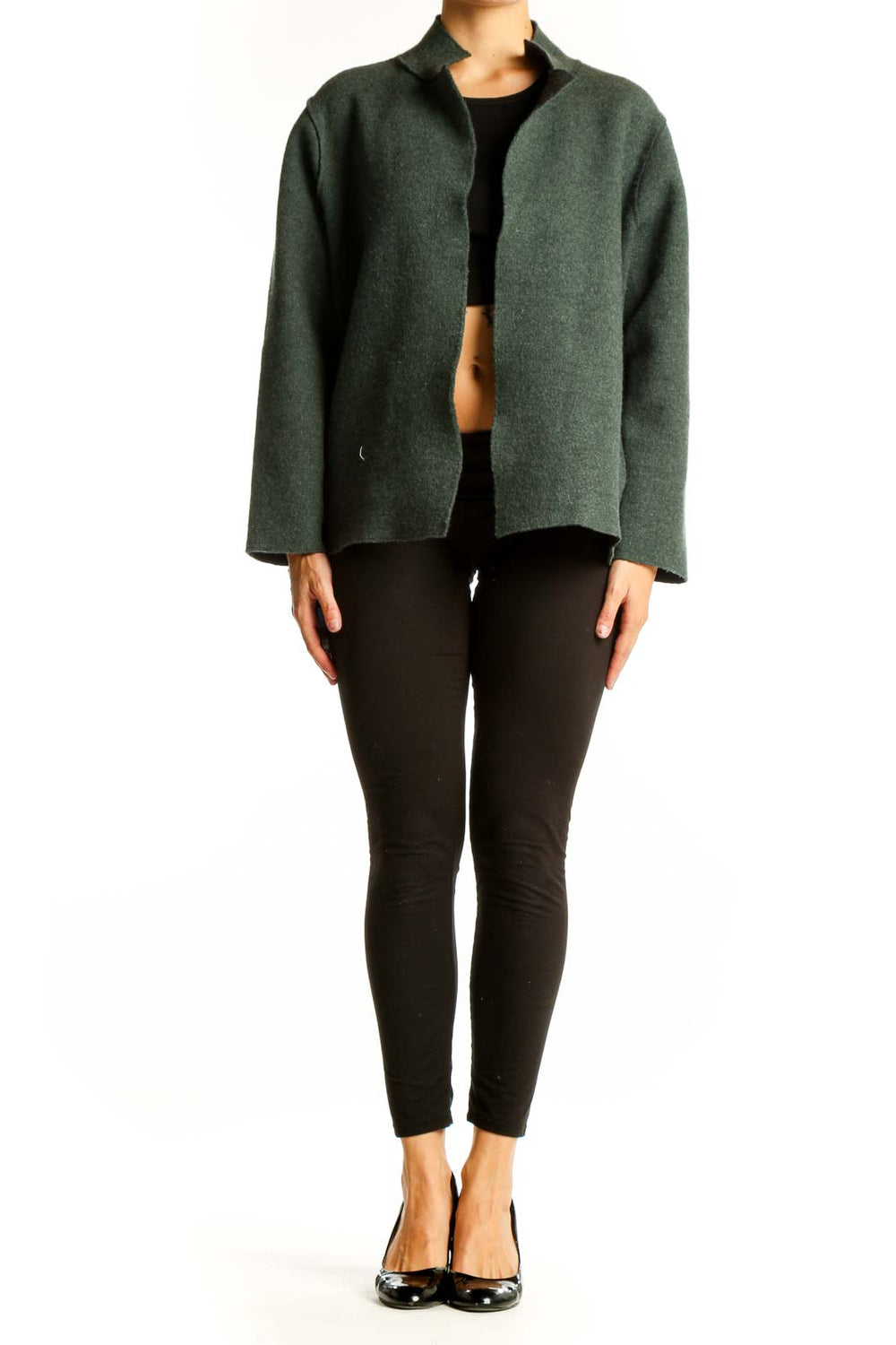 Front view of Forest Green Eileen Fisher knit jacket with open front design