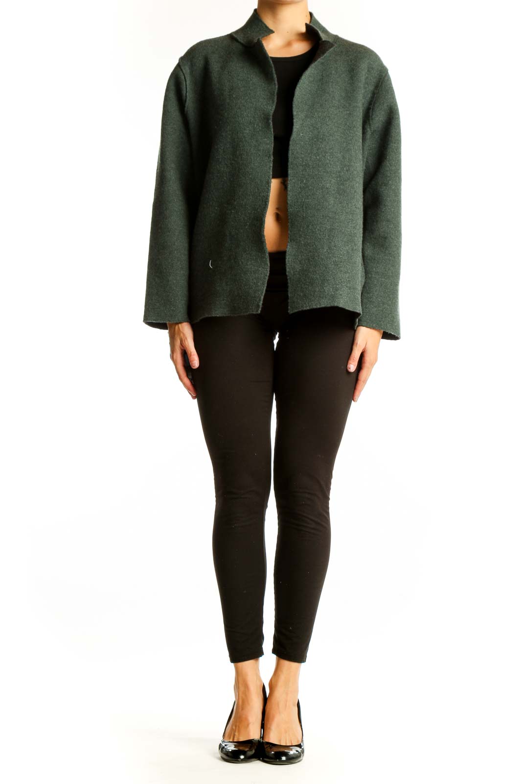 Front view of Forest Green Eileen Fisher knit jacket with open front design