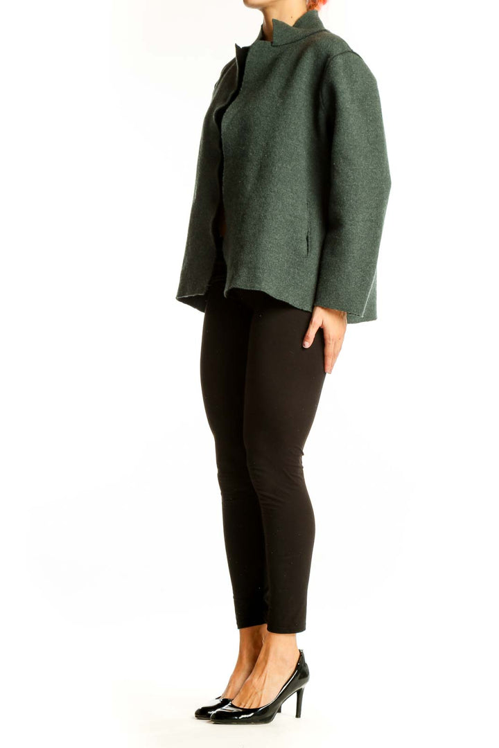 Front view of Forest Green Eileen Fisher knit jacket with open front design