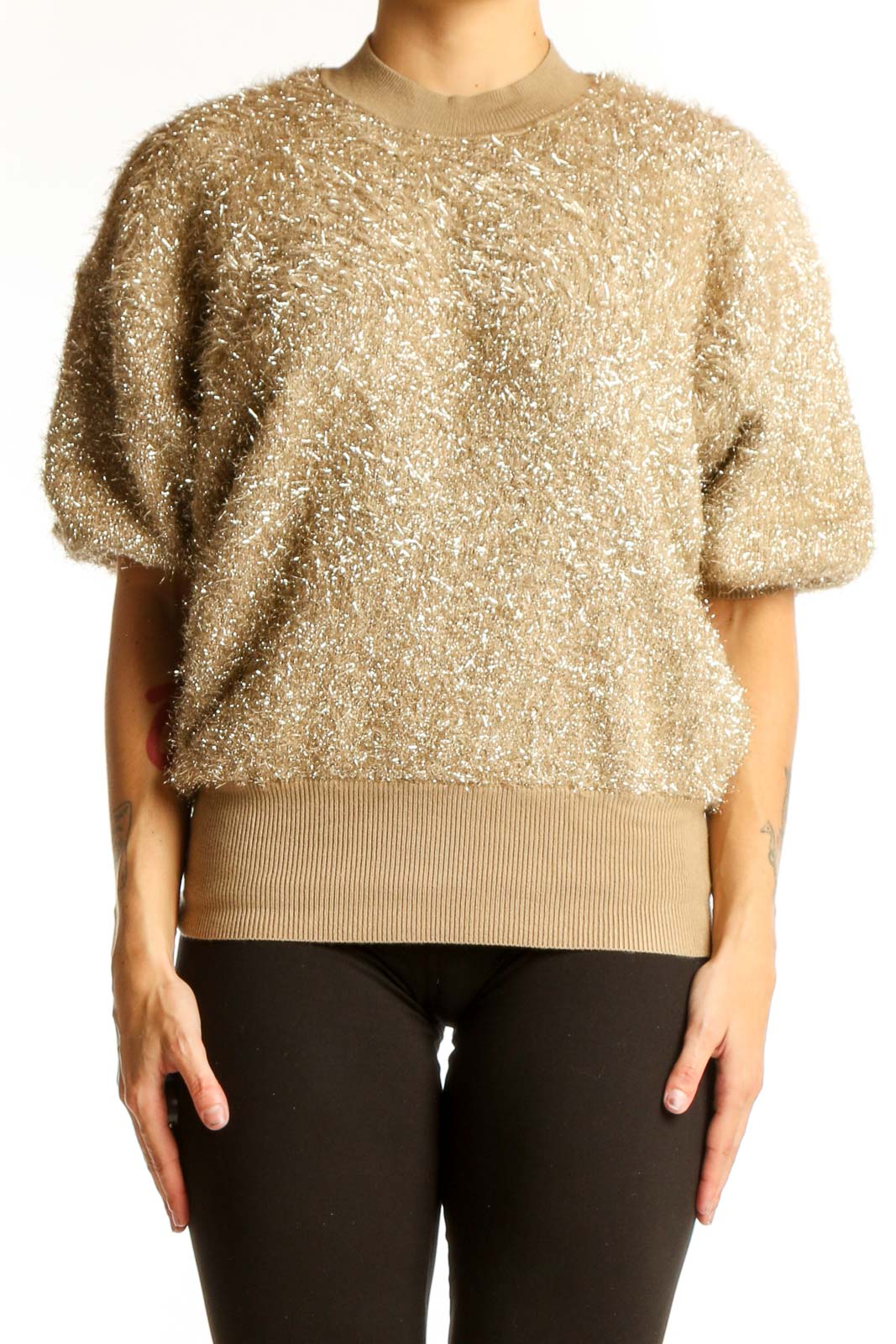 Front view of gold metallic puff-sleeve knit top by Maeve