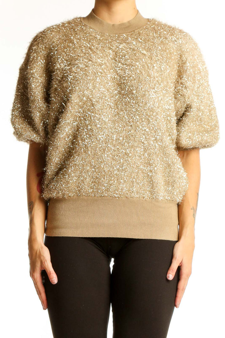 Front view of gold metallic puff-sleeve knit top by Maeve