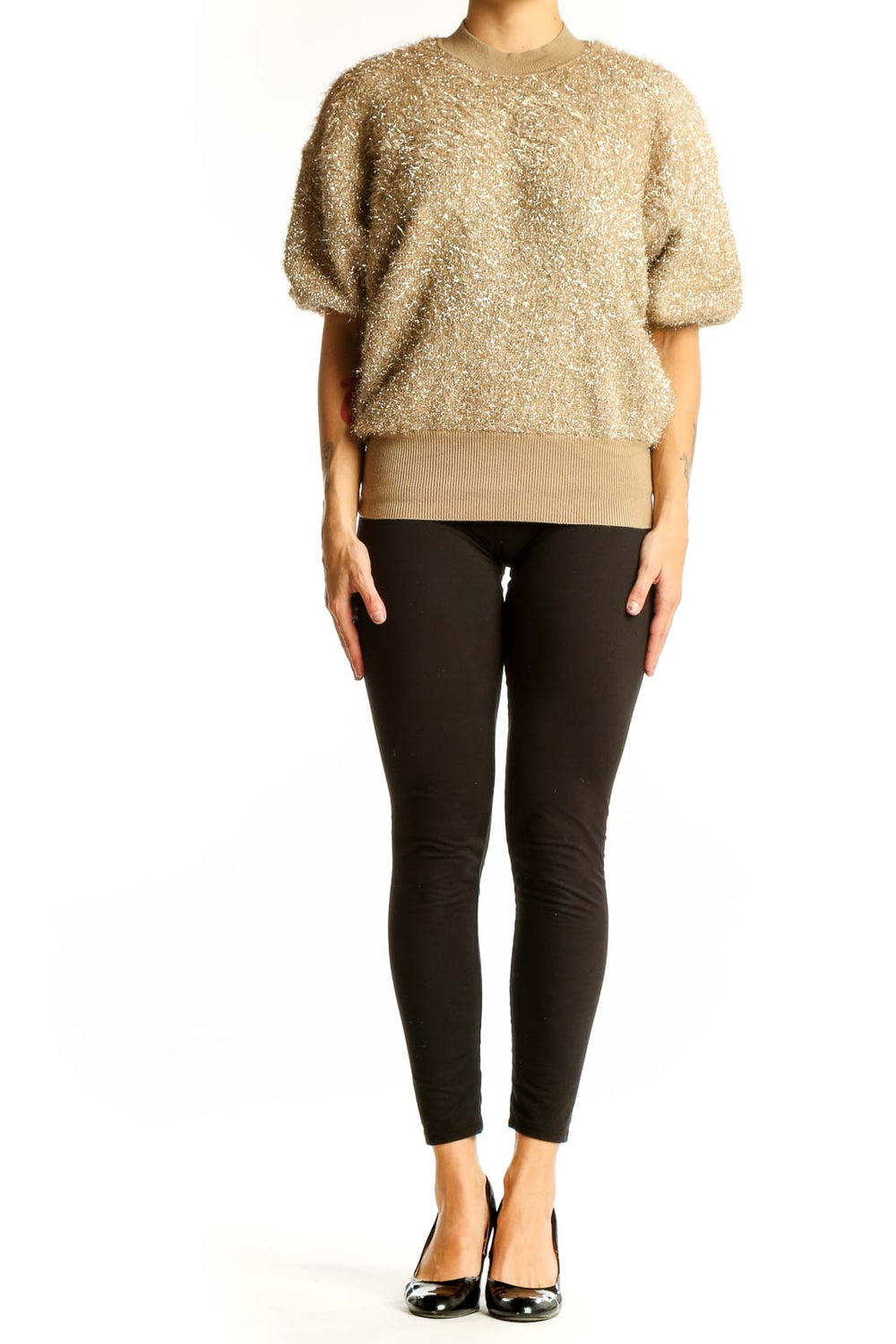Front view of gold metallic puff-sleeve knit top by Maeve