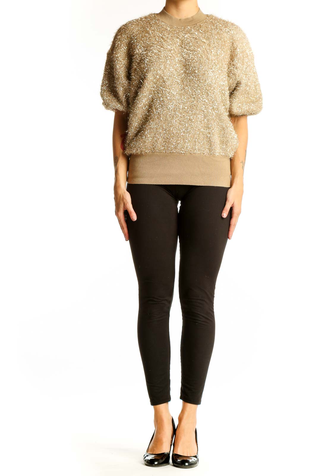 Front view of gold metallic puff-sleeve knit top by Maeve