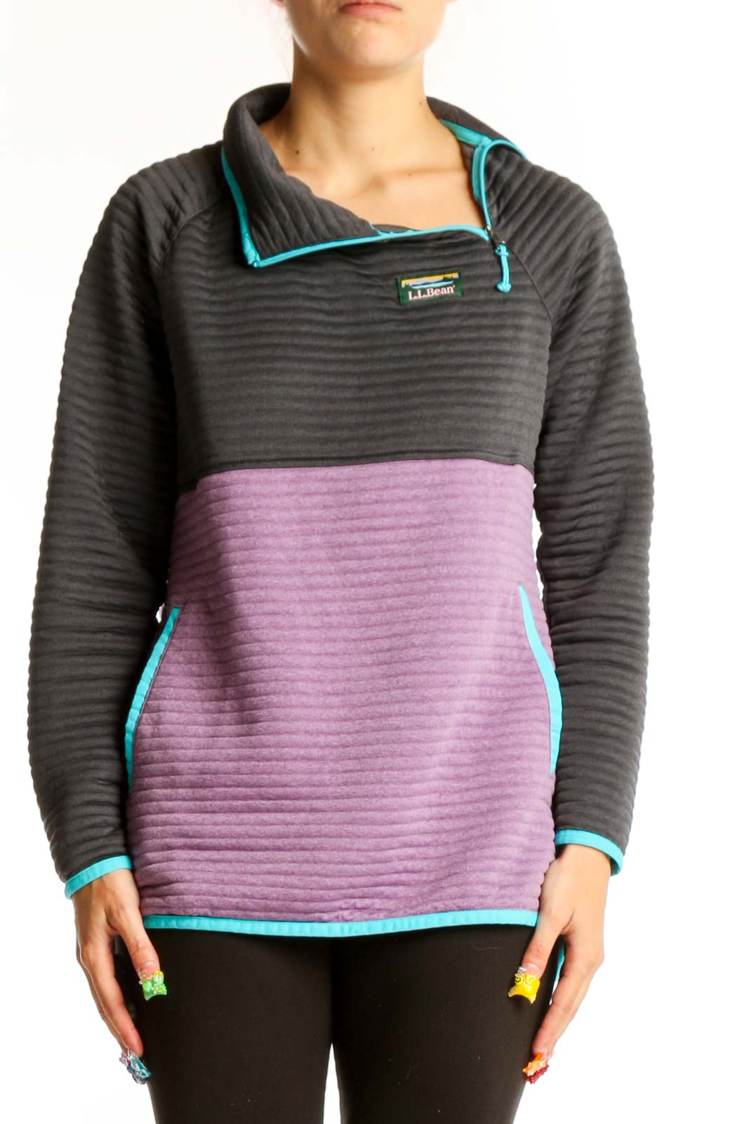 Front view of L.L.Bean gray and purple colorblock fleece pullover with turquoise trim