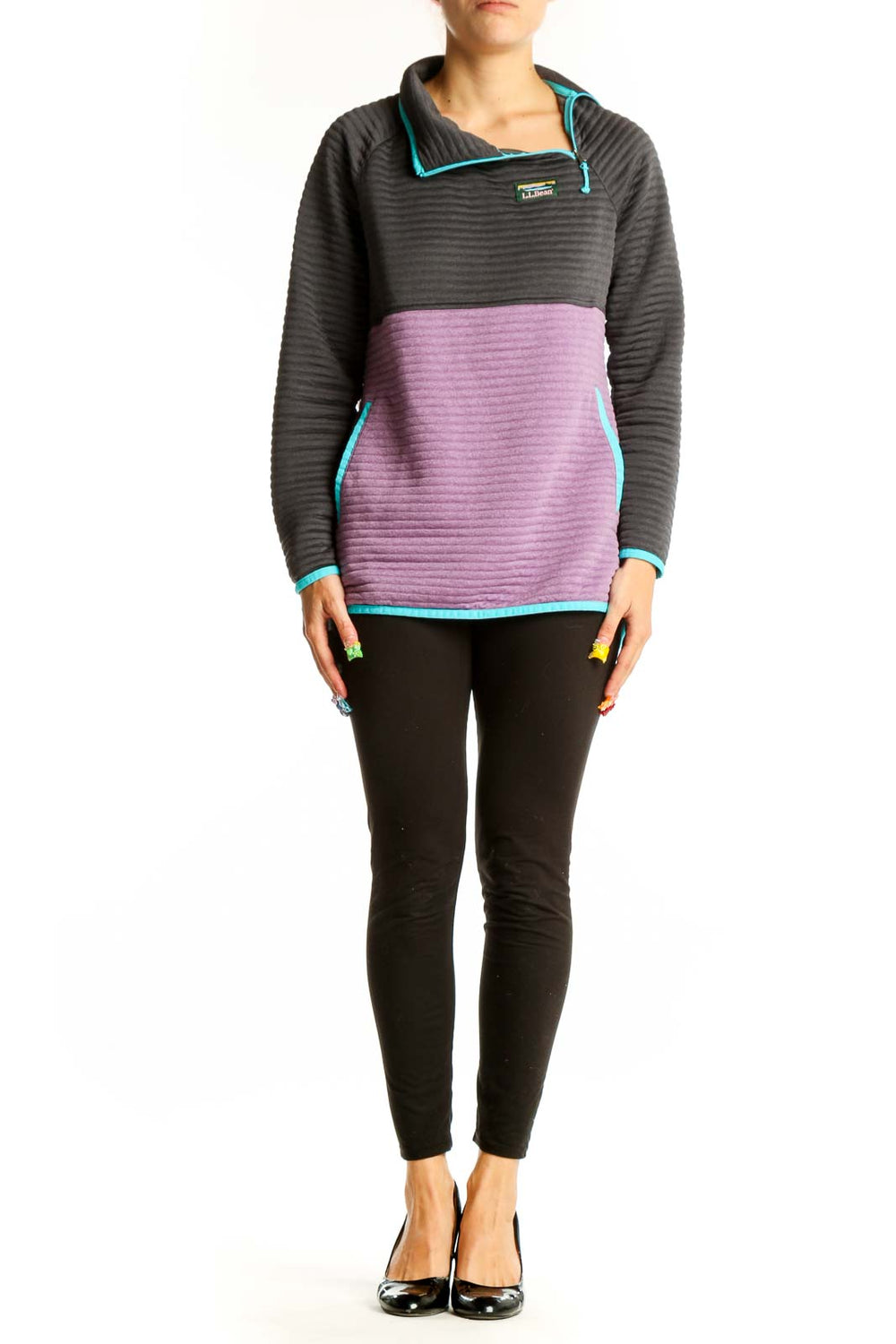 Front view of L.L.Bean gray and purple colorblock fleece pullover with turquoise trim