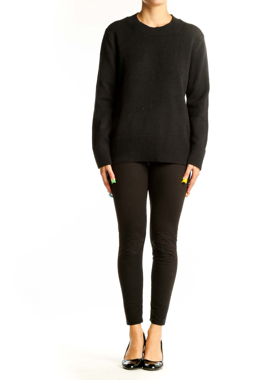 Front view of Banana Republic black crewneck sweater on model