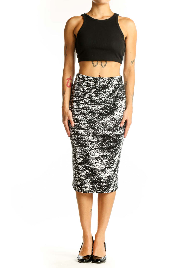 Front view of Vince Camuto black and white textured pencil skirt