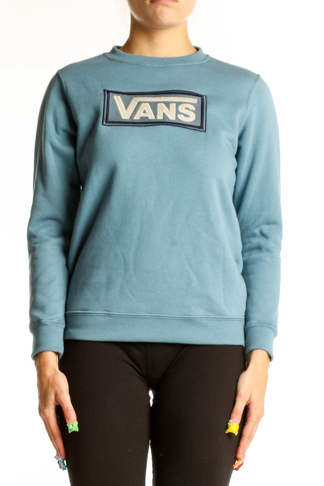 Front view of blue Vans logo crewneck sweatshirt