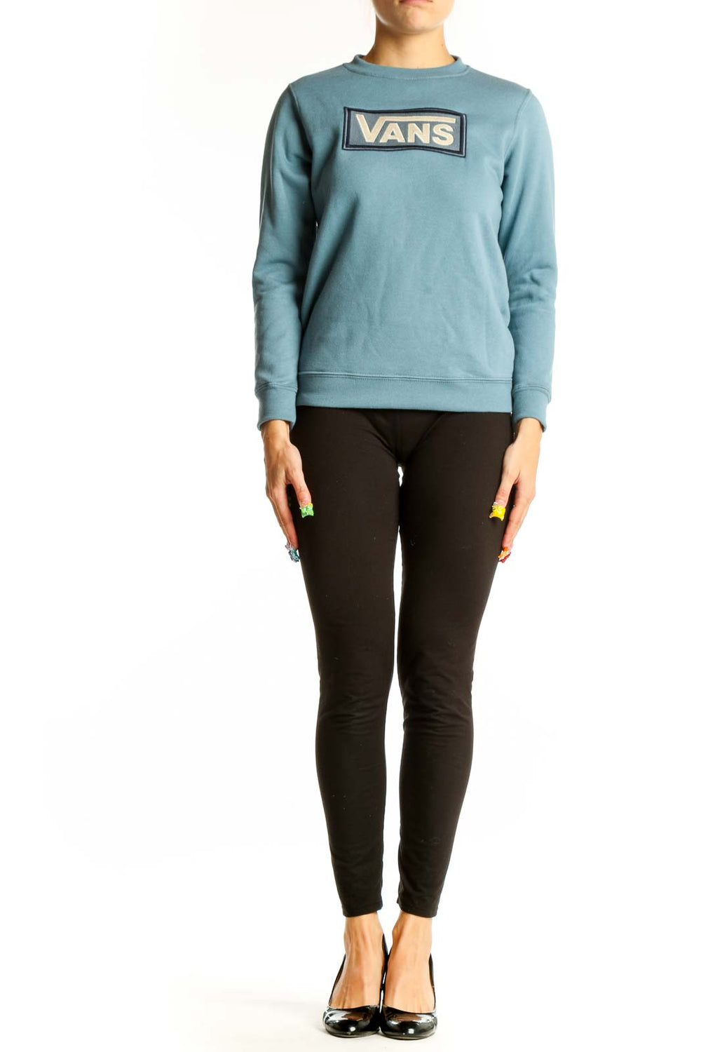 Front view of blue Vans logo crewneck sweatshirt