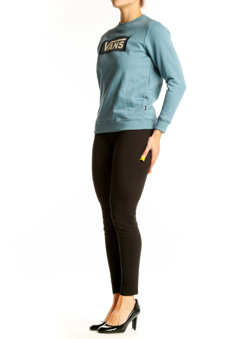 Front view of blue Vans logo crewneck sweatshirt