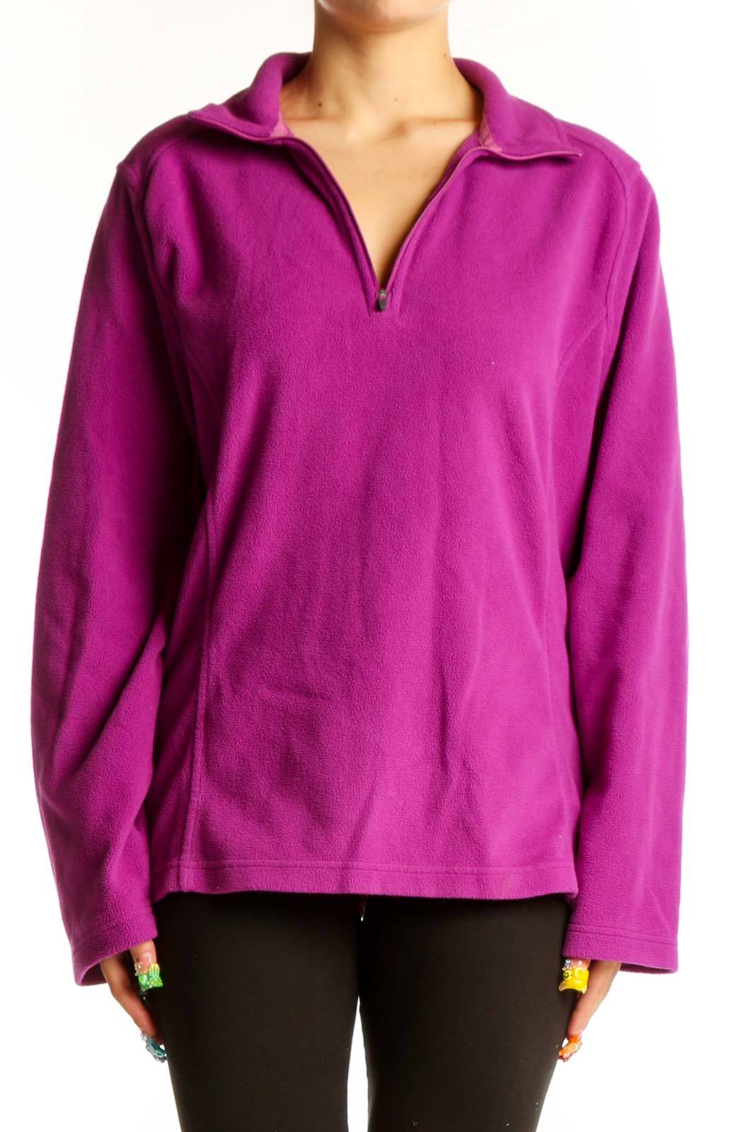 Front view of purple Lands' End quarter-zip fleece pullover