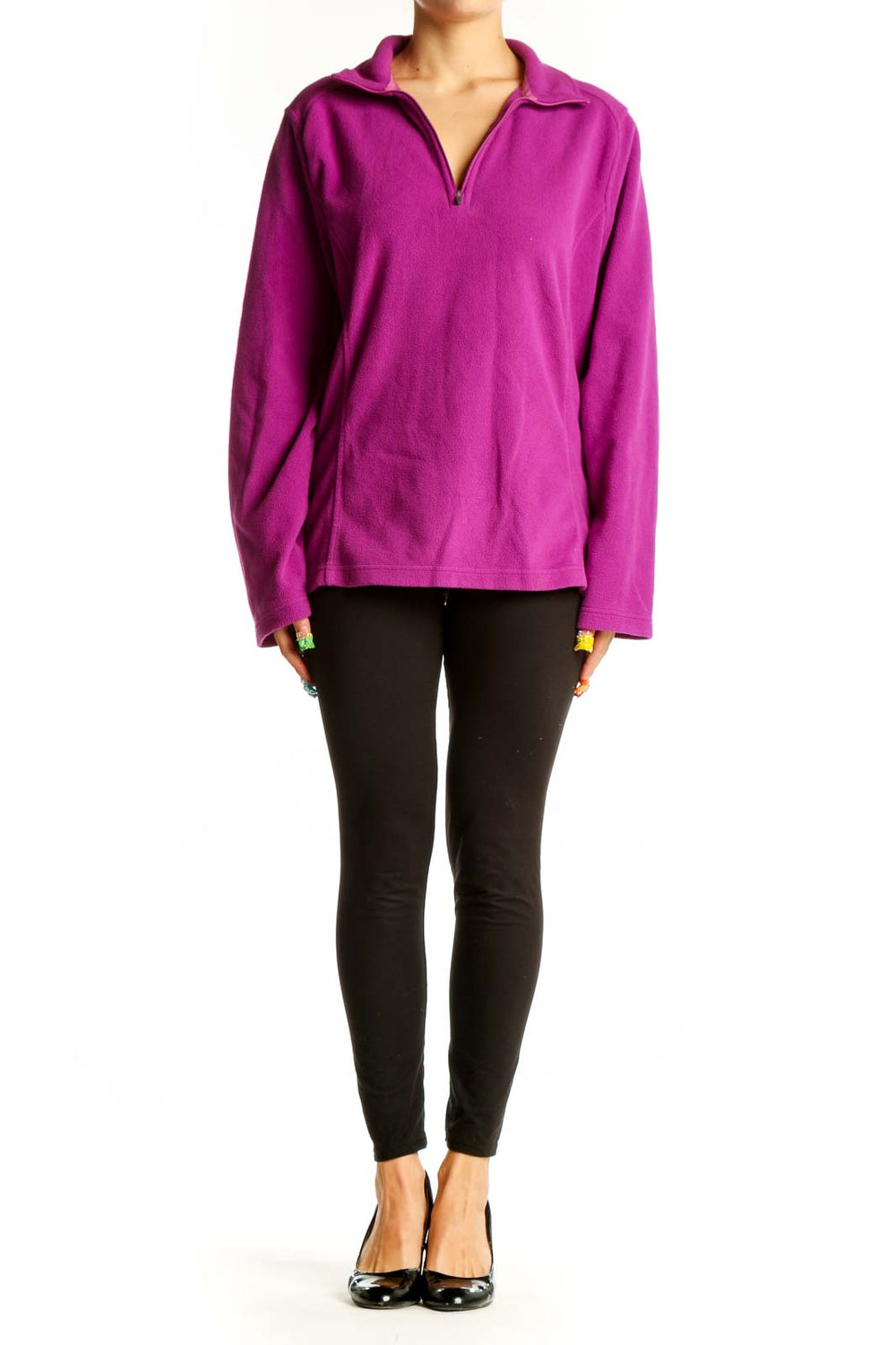 Front view of purple Lands' End quarter-zip fleece pullover