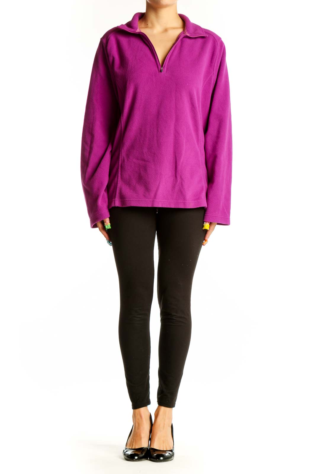 Front view of purple Lands' End quarter-zip fleece pullover