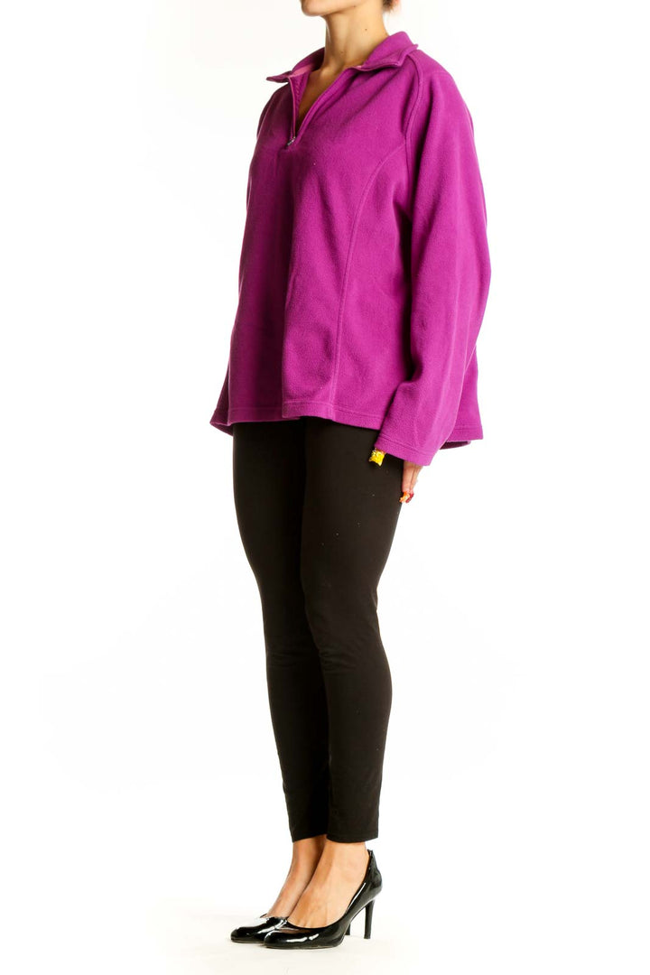 Front view of purple Lands' End quarter-zip fleece pullover