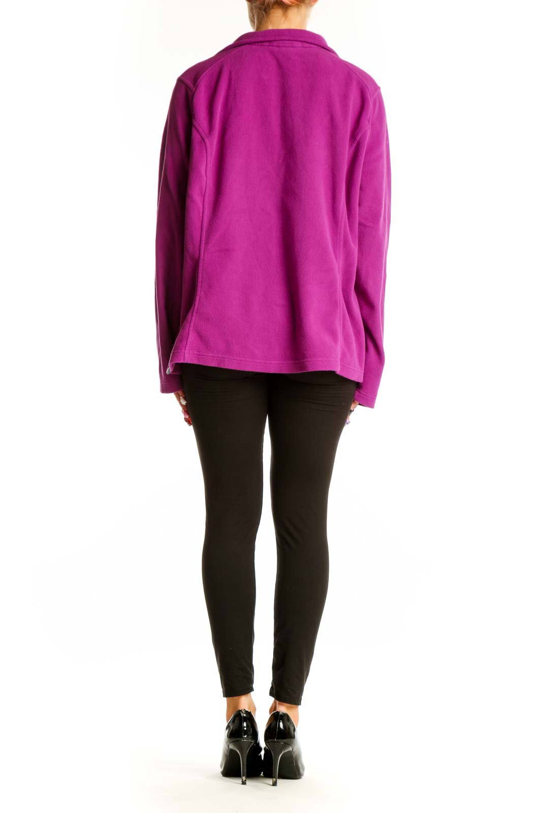 Side view of woman wearing purple Lands' End fleece pullover with black pants