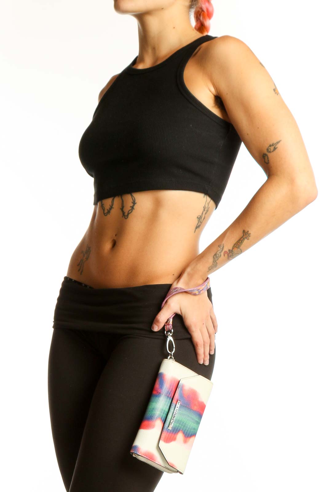 Front view of Rebecca Minkoff multicolor tie-dye envelope clutch with wrist strap
