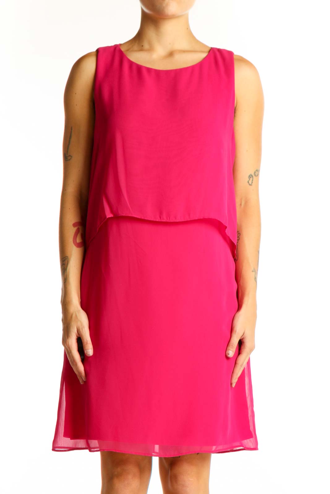 Front view of hot pink Vince Camuto sleeveless layered cocktail dress