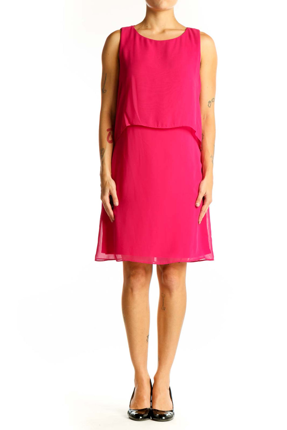 Front view of hot pink Vince Camuto sleeveless layered cocktail dress