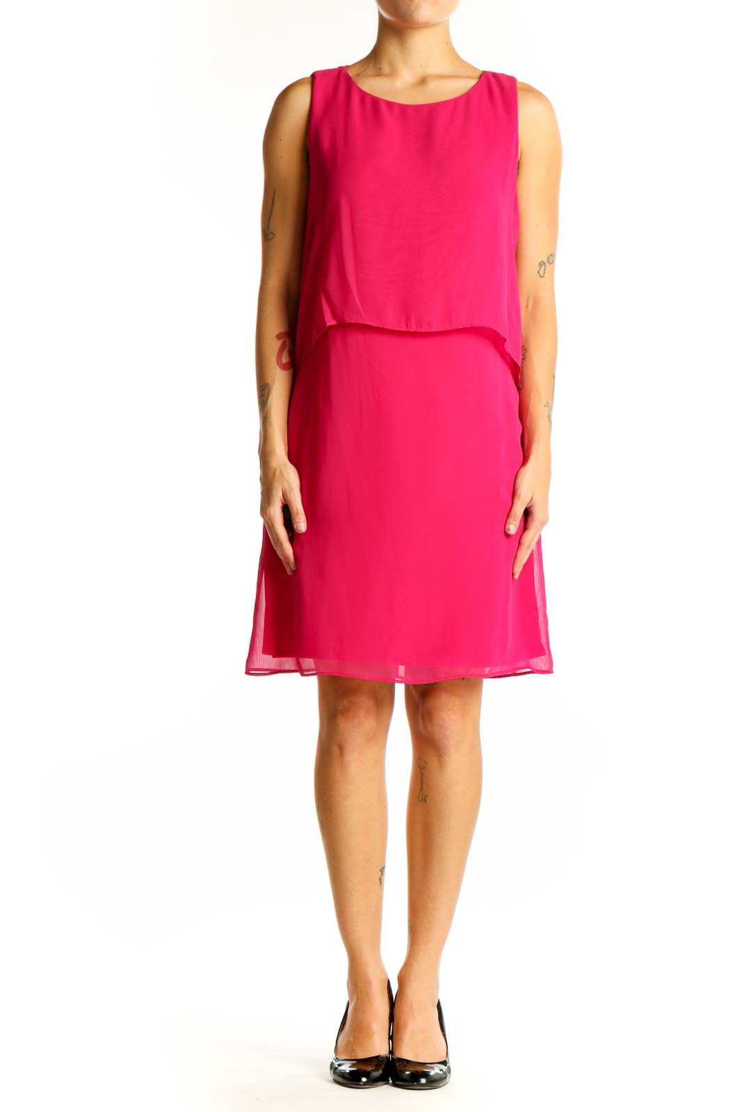 Front view of hot pink Vince Camuto sleeveless layered cocktail dress