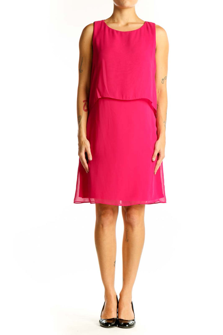 Front view of hot pink Vince Camuto sleeveless layered cocktail dress