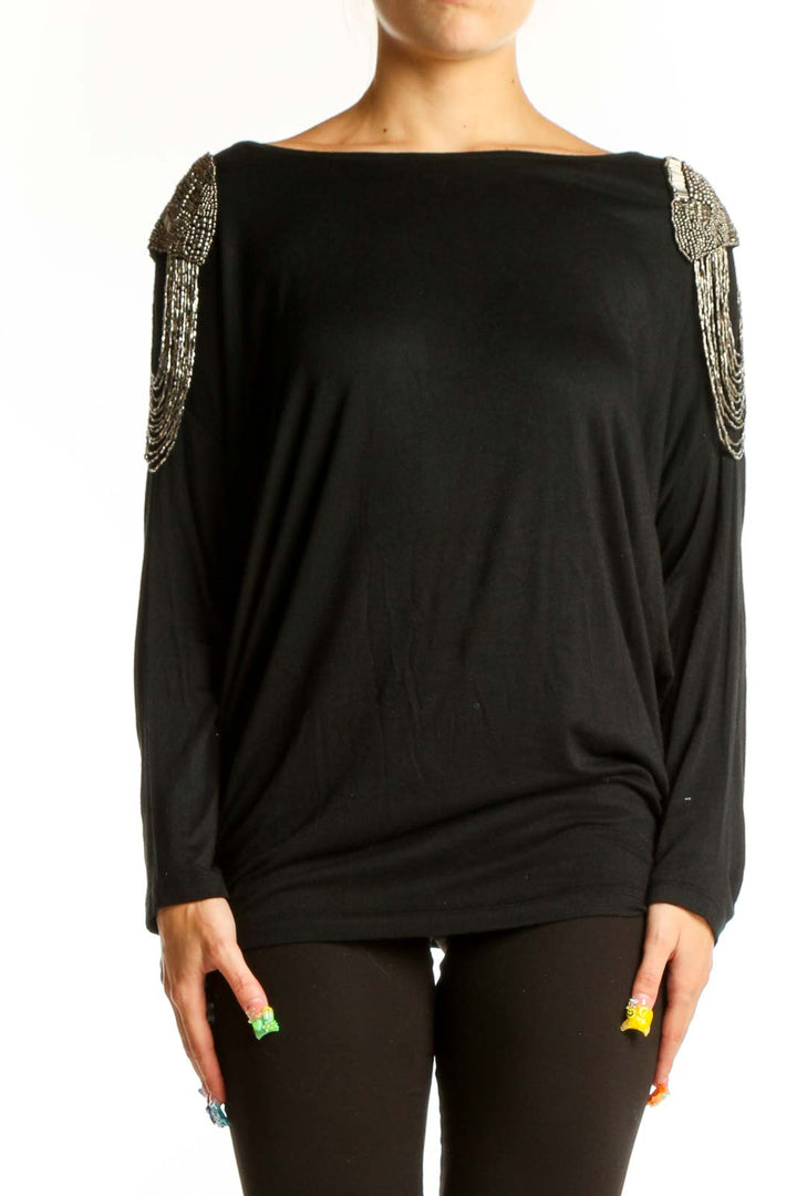 Front view of Unyx Black Dolman Top with silver beaded shoulder embellishments