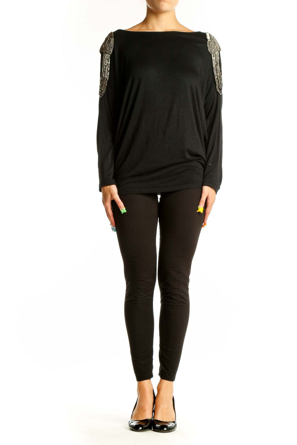 Front view of Unyx Black Dolman Top with silver beaded shoulder embellishments